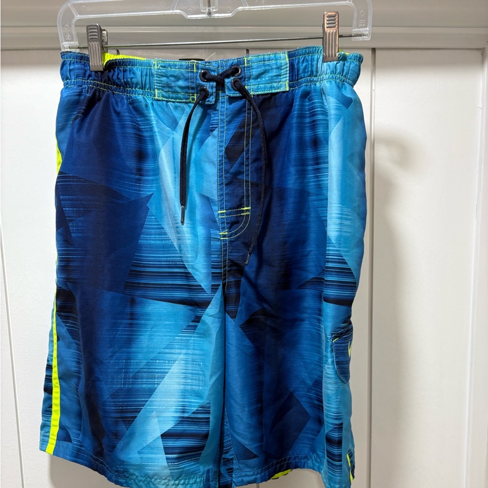Nike Mens Swim Trunks Blue/yellow Big Swoosh Logo Pockets Size Medium